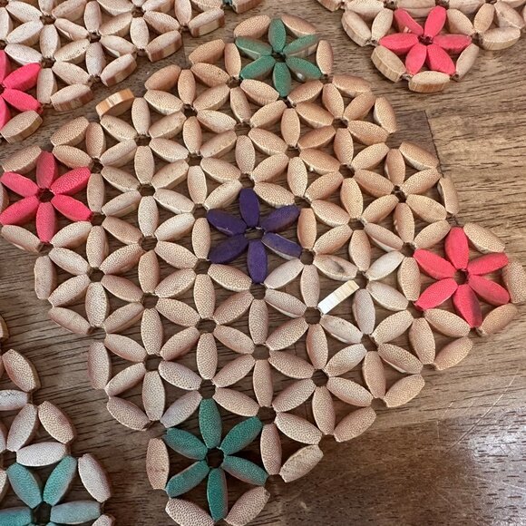 Vintage Bamboo Woven Trivets Beaded Flower Potholders Set – Mid-Century Boho Kit - Picture 6 of 6